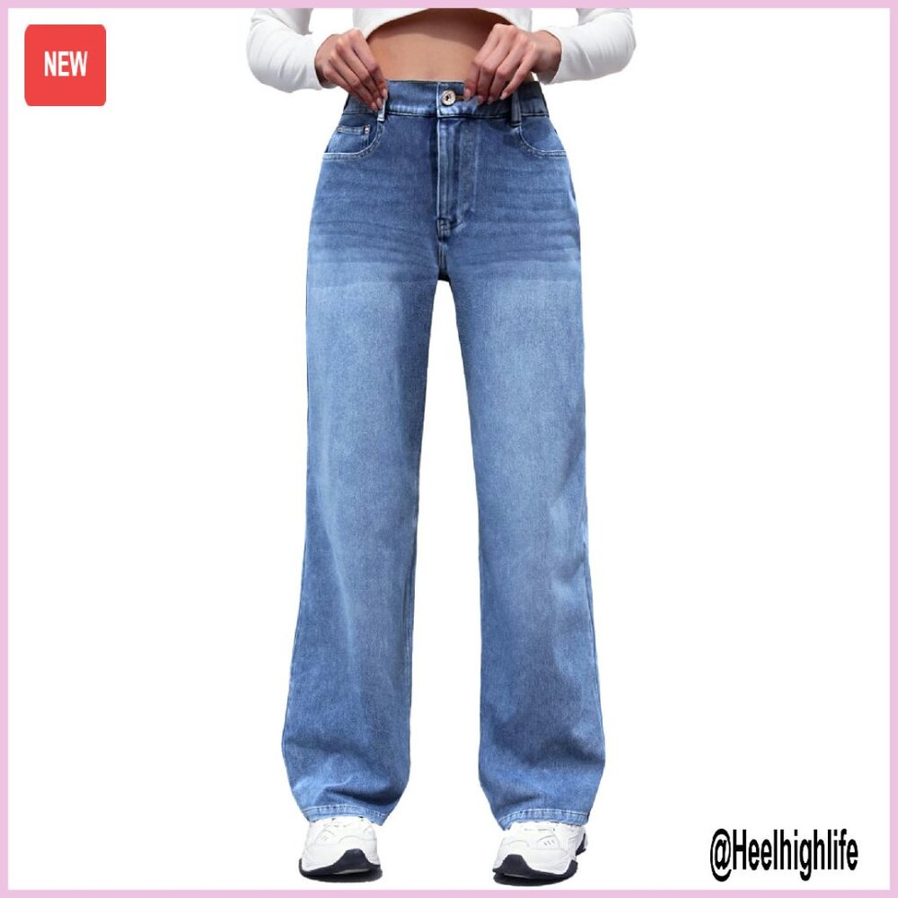 High Waisted Wide Leg Sweatpant Jeans, Stretchy Elastic Waist Pull On